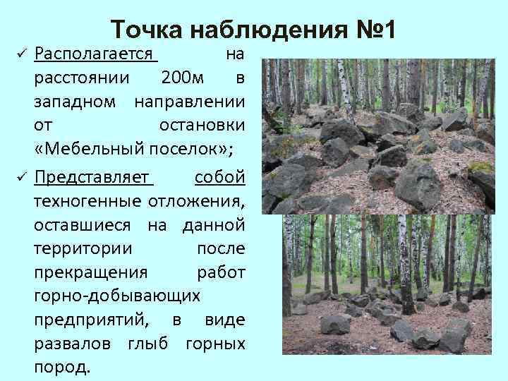 Точка наблюдения № 1 ü ü Располагается на расстоянии 200 м в западном направлении