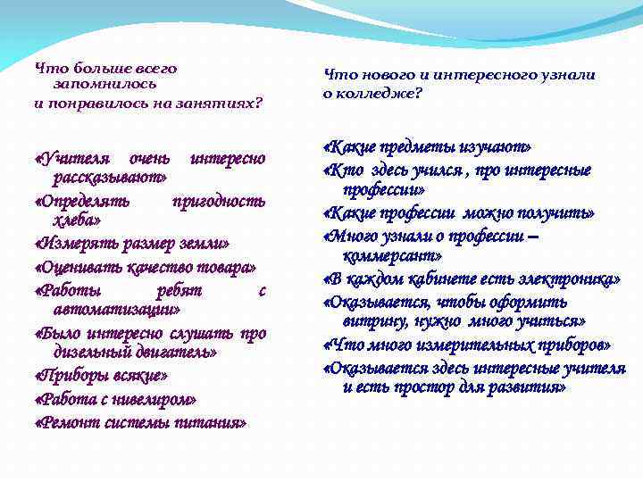 Что больше всего запомнилось и понравилось на занятиях? «Учителя очень интересно рассказывают» «Определять пригодность