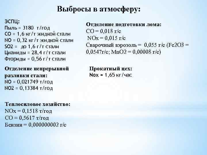 Выбросы в атмосферу: ЭСПЦ: Пыль = 3180 т/год СО = 1, 6 кг/т жидкой