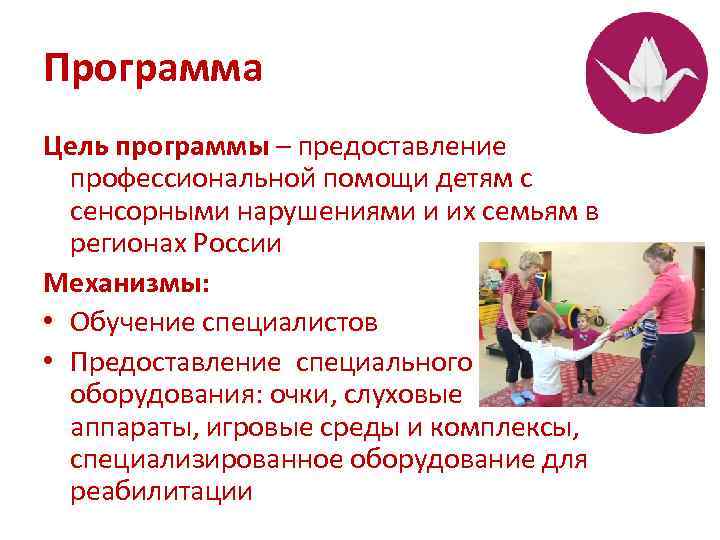 Программа Цель программы – предоставление профессиональной помощи детям с сенсорными нарушениями и их семьям