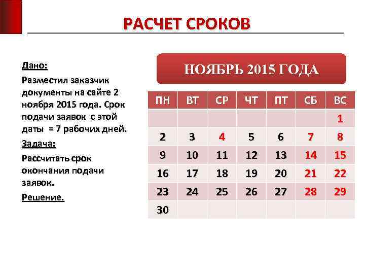РАСЧЕТ СРОКОВ Дано: Разместил заказчик документы на сайте 2 ноября 2015 года. Срок подачи