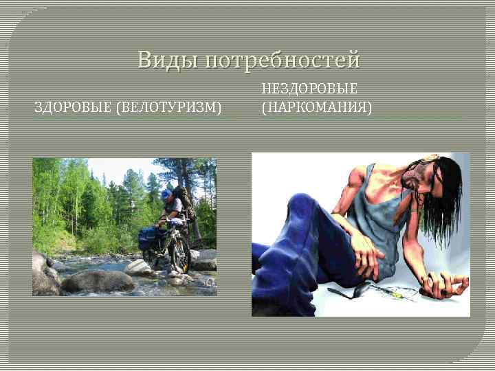 Виды потребностей ЗДОРОВЫЕ (ВЕЛОТУРИЗМ) НЕЗДОРОВЫЕ (НАРКОМАНИЯ) 
