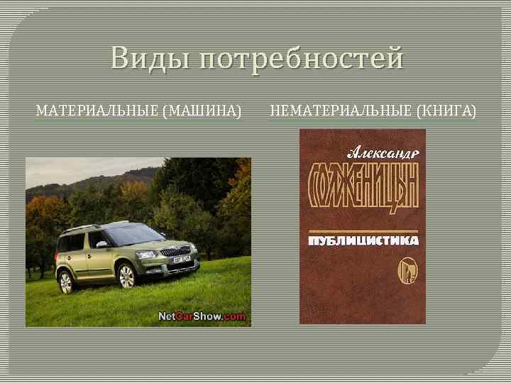 Виды потребностей МАТЕРИАЛЬНЫЕ (МАШИНА) НЕМАТЕРИАЛЬНЫЕ (КНИГА) 