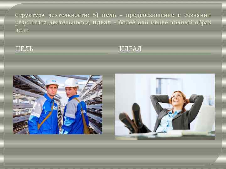 Структура деятельности: 5) цель – предвосхищение в сознании результата деятельности; идеал – более или