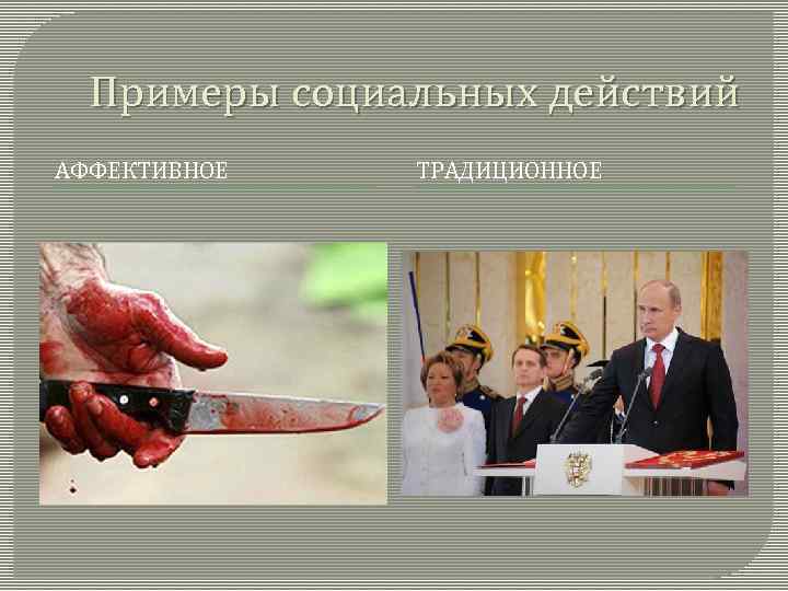 Примеры социальных действий АФФЕКТИВНОЕ ТРАДИЦИОННОЕ 