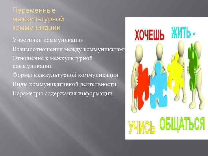 Переменные межкультурной коммуникации Участники коммуникации Взаимоотношения между коммуникатами Отношение к межкультурной коммуникации Формы межкультурной