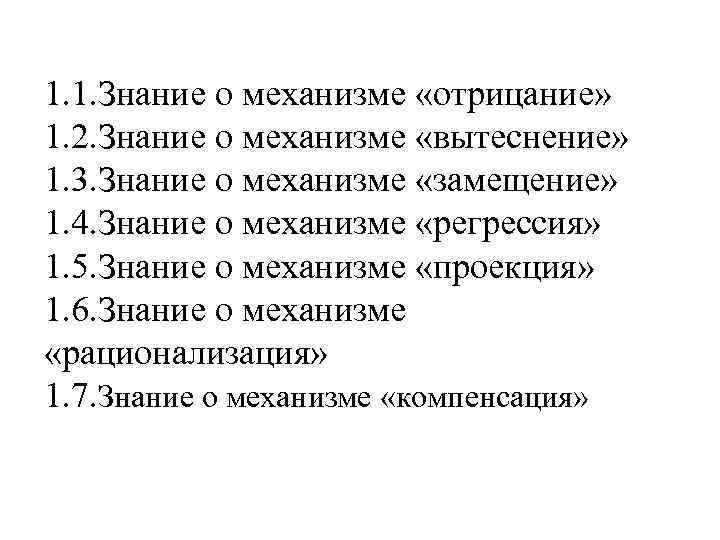 1. 1. Знание о механизме «отрицание» 1. 2. Знание о механизме «вытеснение» 1. 3.