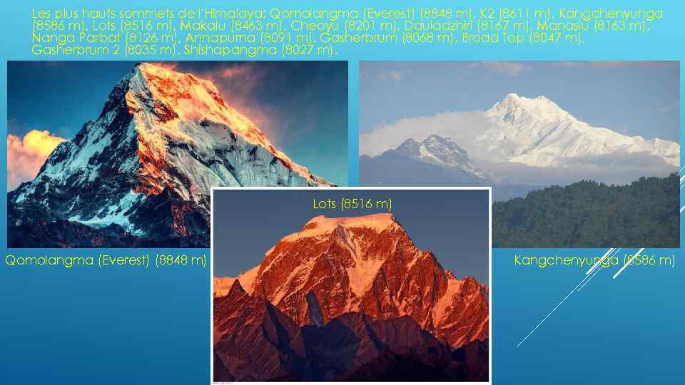 Les plus hauts sommets de l'Himalaya: Qomolangma (Everest) (8848 m), K 2 (8611 m),