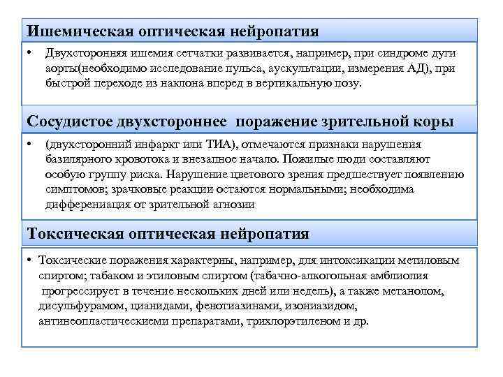Ишемическая оптическая нейропатия • Двухсторонняя ишемия сетчатки развивается, например, при синдроме дуги аорты(необходимо исследование