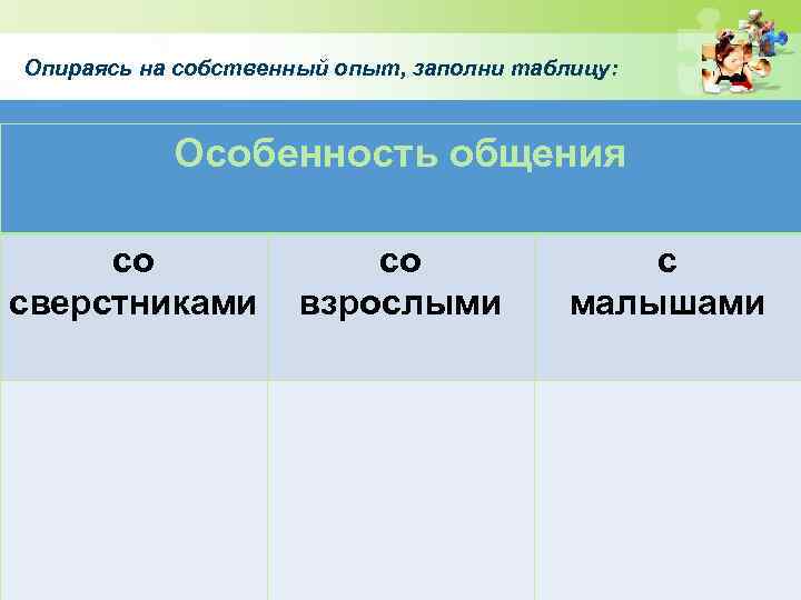 Опираясь на собственный опыт, заполни таблицу: Особенность общения со сверстниками со взрослыми с малышами