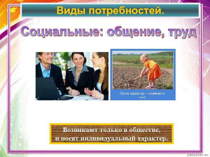 Виды потребностей. Возникают только в обществе, и носят индивидуальный характер. 