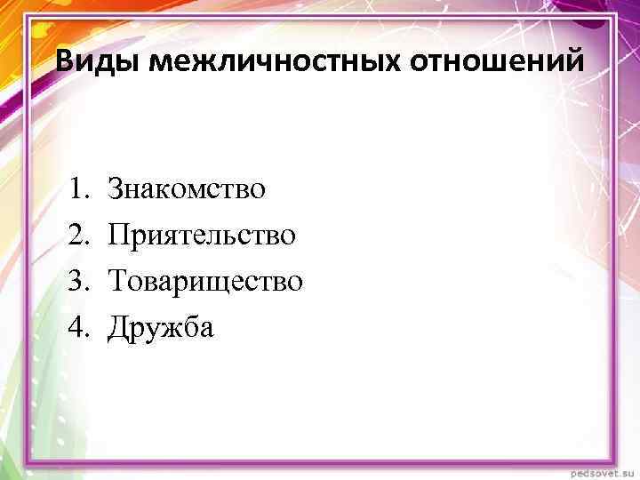 Виды межличностных отношений 1. 2. 3. 4. Знакомство Приятельство Товарищество Дружба 