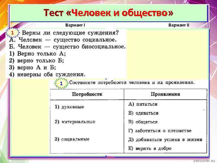 Тест «Человек и общество» Вариант I 11 Вариант II 1 1 
