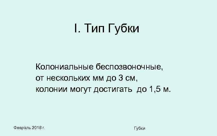 I. Тип Губки Колониальные беспозвоночные, от нескольких мм до 3 см, колонии могут достигать