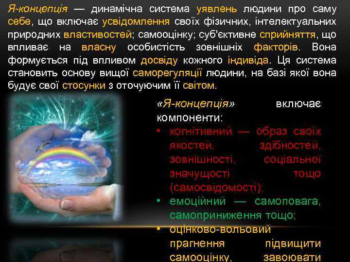 Я-концепція — динамічна система уявлень людини про саму себе, що включає усвідомлення своїх фізичних,