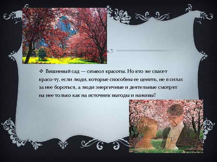 v Вишневый сад — символ красоты. Но кто же спасет красо ту, если люди,