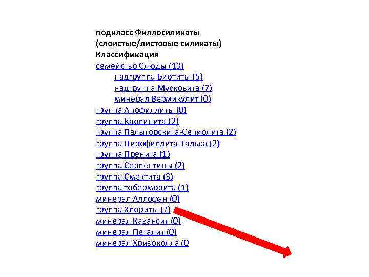 подкласс Филлосиликаты (слоистые/листовые силикаты) Классификация семейство Слюды (13) надгруппа Биотиты (5) надгруппа Мусковита (7)