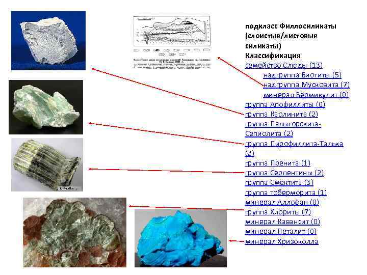 подкласс Филлосиликаты (слоистые/листовые силикаты) Классификация семейство Слюды (13) надгруппа Биотиты (5) надгруппа Мусковита (7)