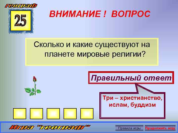 ВНИМАНИЕ ! ВОПРОС Сколько и какие существуют на планете мировые религии? Правильный ответ Три