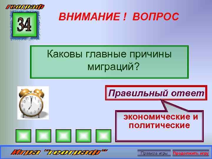ВНИМАНИЕ ! ВОПРОС Каковы главные причины миграций? Правильный ответ экономические и политические Правила игры