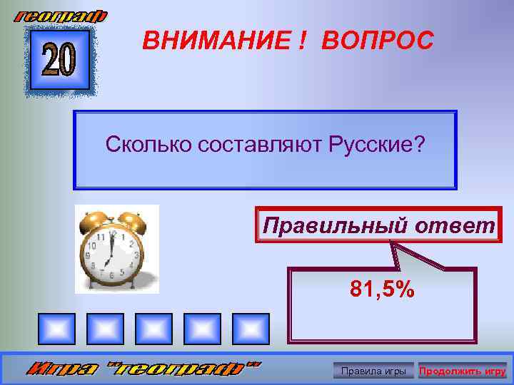 ВНИМАНИЕ ! ВОПРОС Сколько составляют Русские? Правильный ответ 81, 5% Правила игры Продолжить игру