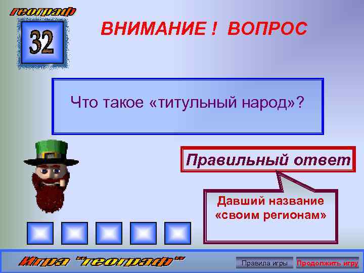 ВНИМАНИЕ ! ВОПРОС Что такое «титульный народ» ? Правильный ответ Давший название «своим регионам»