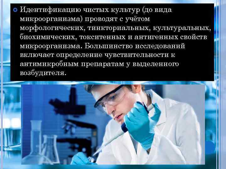  Идентификацию чистых культур (до вида микроорганизма) проводят с учётом морфологических, тинкториальных, культуральных, биохимических,