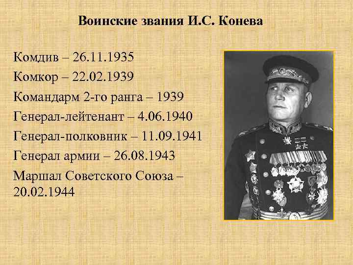 Воинские звания И. С. Конева Комдив – 26. 11. 1935 Комкор – 22. 02.