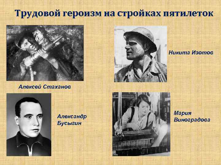 Трудовой героизм на стройках пятилеток Никита Изотов Алексей Стаханов Александр Бусыгин Мария Виноградова 