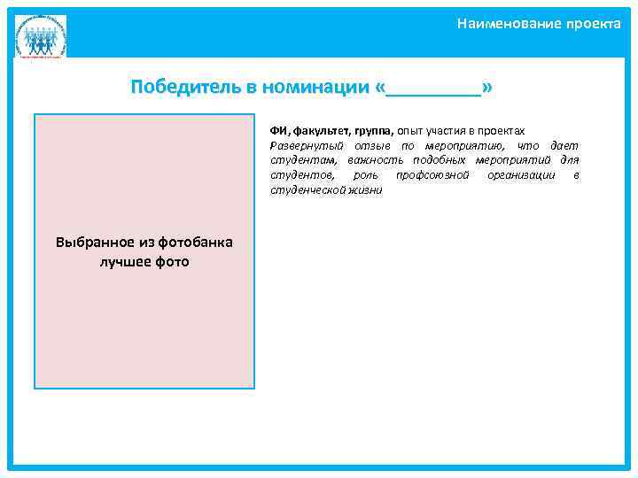 Наименование проекта Победитель в номинации «_____» ФИ, факультет, группа, опыт участия в проектах Развернутый