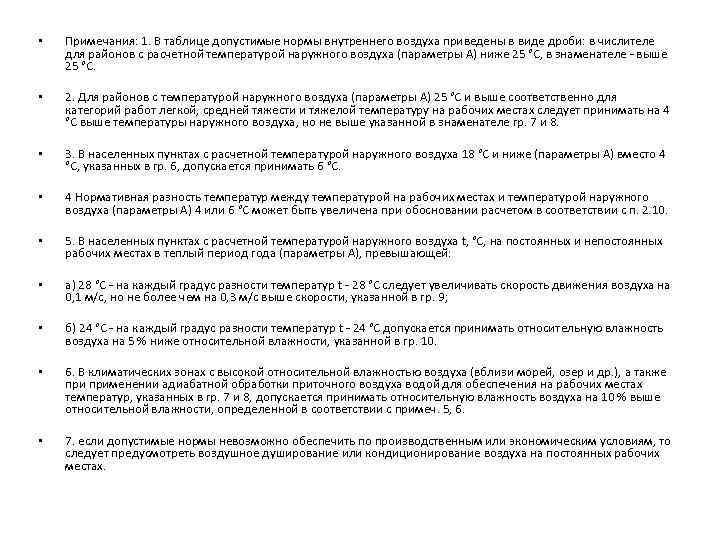 • Примечания: 1. В таблице допустимые нормы внутреннего воздуха приведены в виде дроби:
