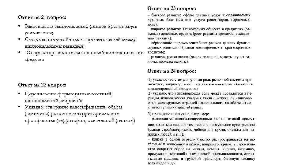 Ответ на 23 вопрос: Ответ на 21 вопрос: • Зависимость национальных рынков друг от