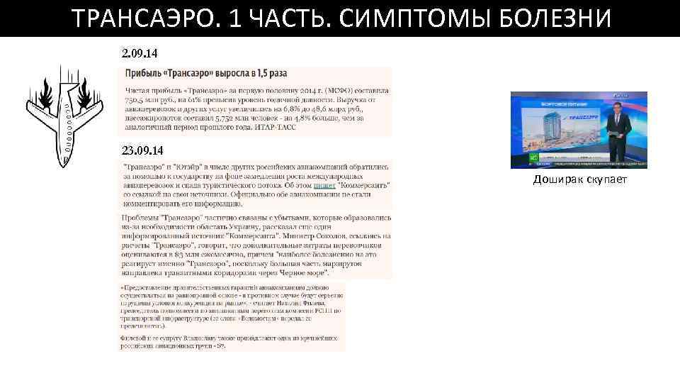  ТРАНСАЭРО. 1 ЧАСТЬ. СИМПТОМЫ БОЛЕЗНИ 2. 09. 14 23. 09. 14 Доширак скупает