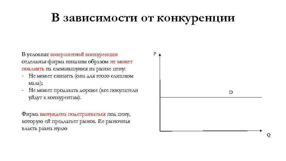 В зависимости от конкуренции В условиях совершенной конкуренции отдельная фирма никаким образом не может