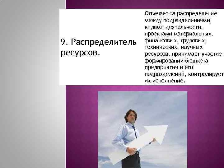 9. Распределитель ресурсов. Отвечает за распределение между подразделениями, видами деятельности, проектами материальных, финансовых, трудовых,