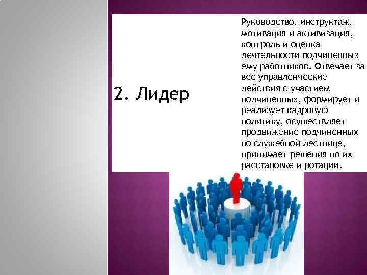 2. Лидер Руководство, инструктаж, мотивация и активизация, контроль и оценка деятельности подчиненных ему работников.