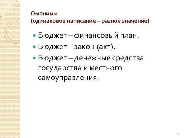 Омонимы (одинаковое написание – разное значение) Бюджет – финансовый план. Бюджет – закон (акт).