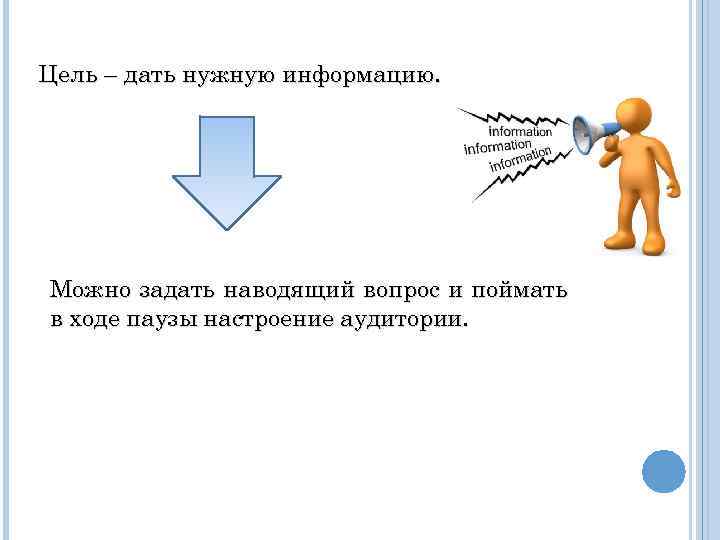 Цель – дать нужную информацию. Можно задать наводящий вопрос и поймать в ходе паузы