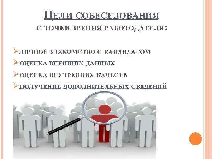 ЦЕЛИ СОБЕСЕДОВАНИЯ С ТОЧКИ ЗРЕНИЯ РАБОТОДАТЕЛЯ: ØЛИЧНОЕ ЗНАКОМСТВО С КАНДИДАТОМ ØОЦЕНКА ВНЕШНИХ ДАННЫХ ØОЦЕНКА