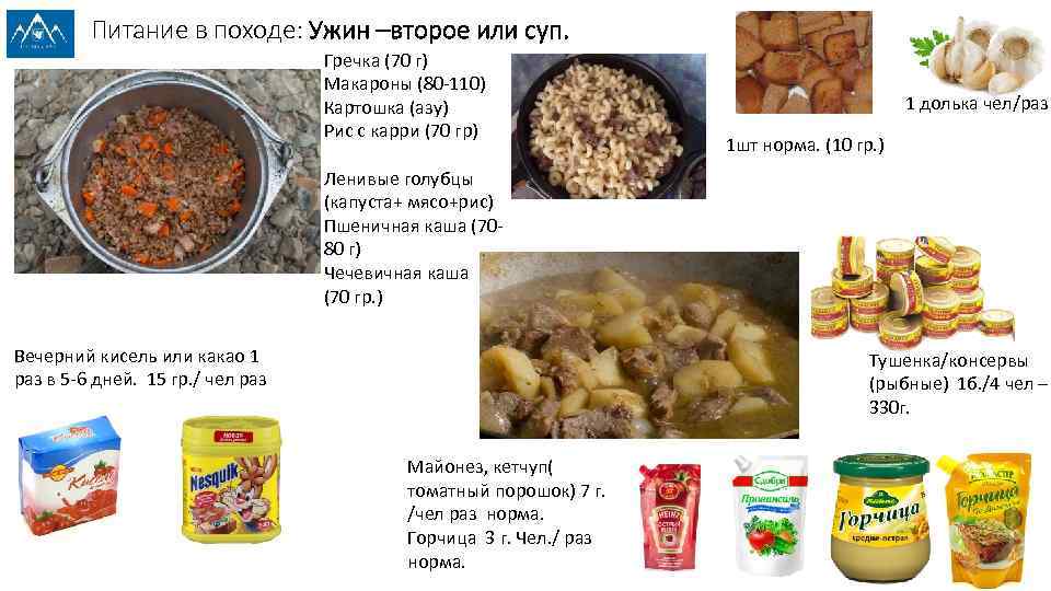 Питание в походе: Ужин –второе или суп. Гречка (70 г) Макароны (80 -110) Картошка