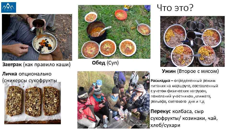 Что это? Завтрак (как правило каши) Личка опционально (сникерсы сухофрукты Обед (Суп) Ужин (Второе