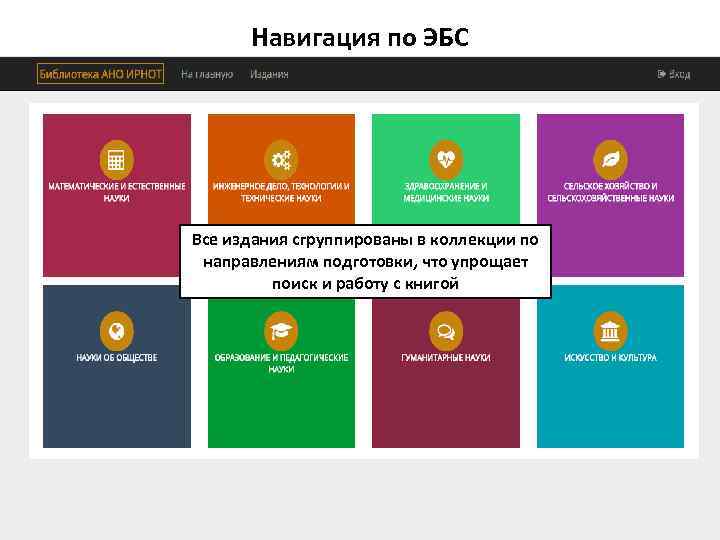 Навигация по ЭБС Все издания сгруппированы в коллекции по направлениям подготовки, что упрощает поиск