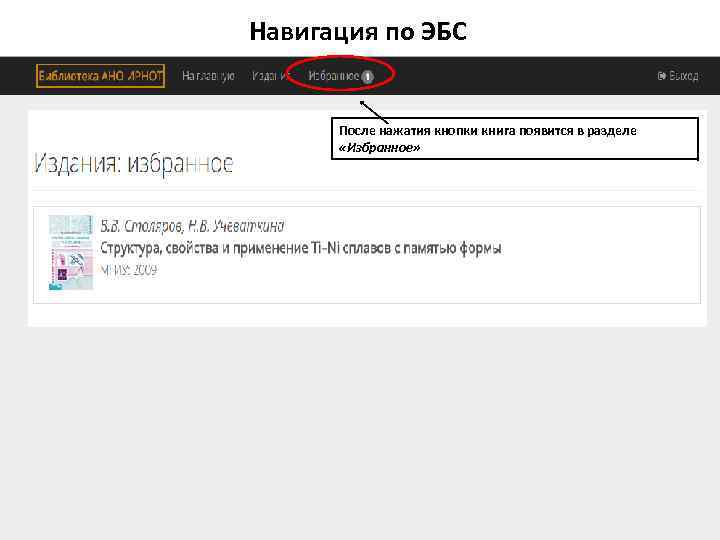 Навигация по ЭБС После нажатия кнопки книга появится в разделе «Избранное» 