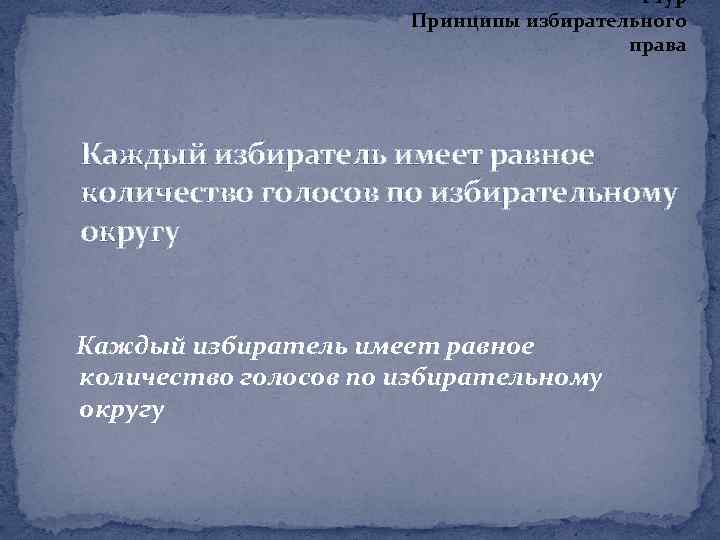 I тур Принципы избирательного права Каждый избиратель имеет равное количество голосов по избирательному округу