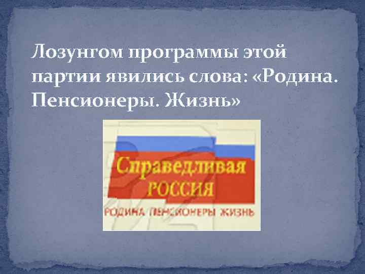 Лозунгом программы этой партии явились слова: «Родина. Пенсионеры. Жизнь» 