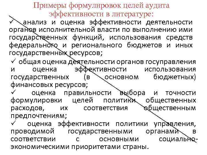 Примеры формулировок целей аудита эффективности в литературе: ü анализ и оценка эффективности деятельности органов