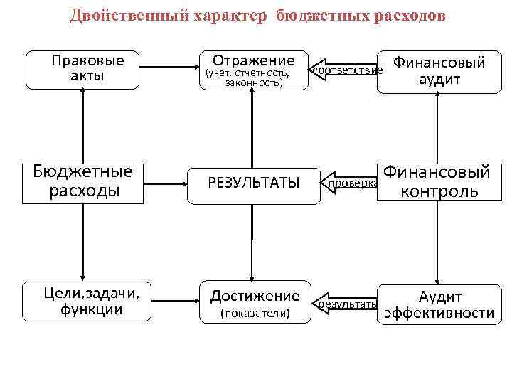 Двойственный характер бюджетных расходов Правовые акты Отражение (учет, отчетность, законность) Финансовый аудит соответствие Бюджетные