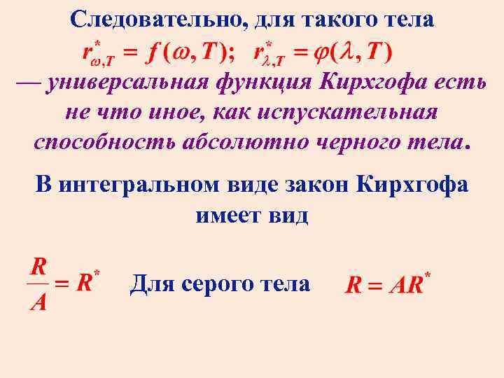 Следовательно, для такого тела — универсальная функция Кирхгофа есть не что иное, как испускательная