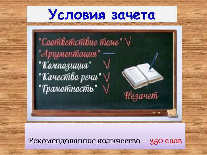 Условия зачета Рекомендованное количество – 350 слов 