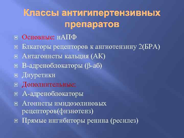 Классы антигипертензивных препаратов Основные: и. АПФ Блкаторы рецепторов к ангиотензину 2(БРА) Антагонисты кальция (АК)